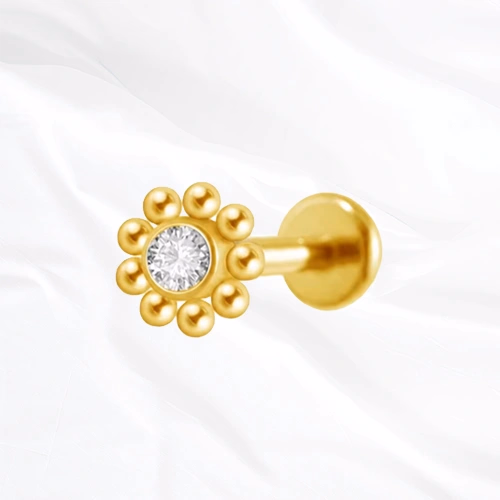 piercing labret en titane doré en forme de fleur, zircon serti au cœur de pétales perlés