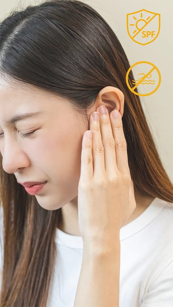une femme avec un piercing douloureux à l'oreille