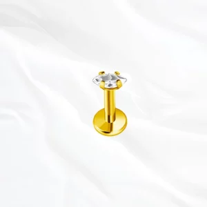 Piercing labret en titane doré "la pierre" avec cristal transparent rond taillé en étoile ou fleur pour tragus ou hélix