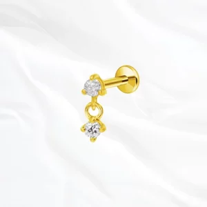 Piercing labret en titane doré "la pierre pendentif" avec pendentif double pierre : zircon clair et zircon blanc pour hélix ou tragus