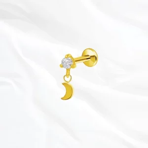 Piercing labret en titane doré "la petite lune pendentif" avec pendentif lune croissant poli et zircon clair pour hélix ou conch