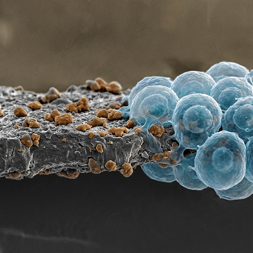 Schéma microscopique montrant la couche d'oxyde de titane en contact avec des cellules