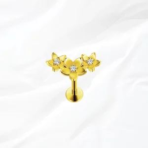Piercing labret en titane doré "la compo florale" motif trio de fleurs avec cœurs en strass