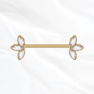 Piercing barbell en titane doré"le double trident" avec embouts doubles fleurs à trois pétales en cristaux marquise clairs pour téton ou langue