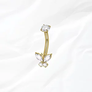 Piercing de nombril banane en titane doré "Le grand monarque" motif papillon avec cristaux marquise et zircons ronds