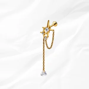 Piercing hélix en titane doré "la grande constellation" motif étoiles avec chaînette pendante et zircon
