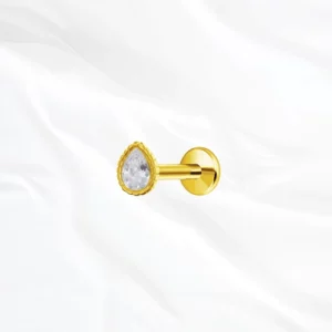 Piercing labret en titane doré "l'obélisque" pierre forme poire et contour perlé