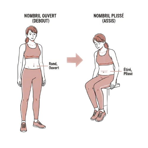 Illustration comparative montrant le changement de forme du piercing nombril titane entre la position debout (ouvert et rond) et la position assise (étiré et plissé).