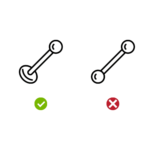 Illustration comparative montrant un piercing à dos plat (labret) validé par une coche verte et une barre à deux billes (barbell) marquée d'une croix rouge pour le piercing helix titane et le piercing tragus titane
