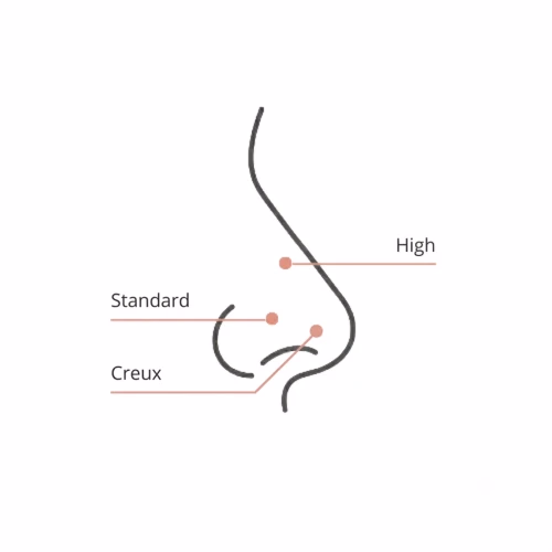 Schéma des trois placements du piercing nostril sur l'aile du nez : creux, standard et high nostril