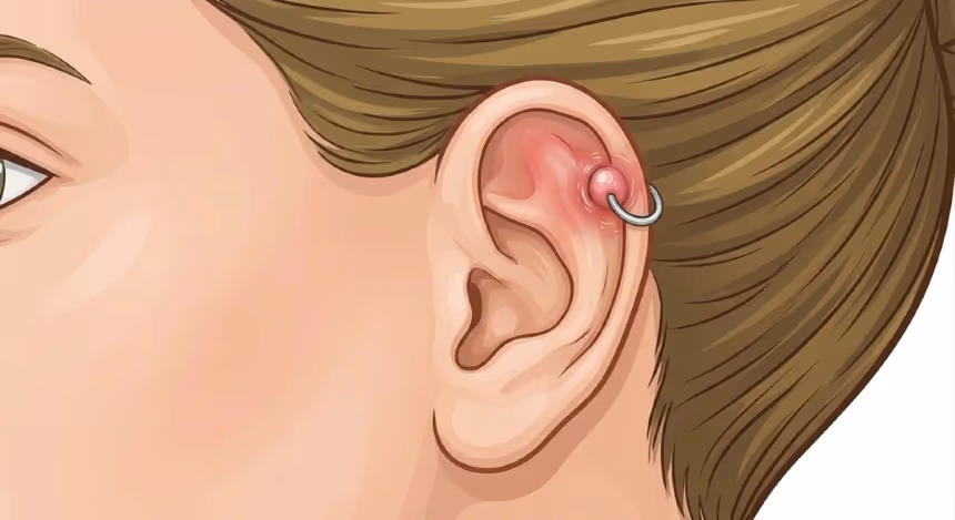 Chéloïde sur un piercing helix : boursouflure rose à côté du bijou