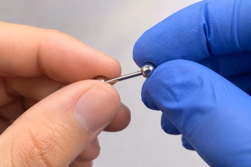 Dévisser un piercing : une main tient la barre, l'autre tourne la boule avec un gant en nitrile