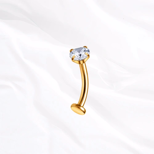 piercing nombril en titane doré, barre courbée sertie d'un zircon à griffes