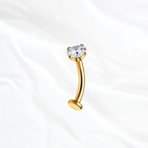 piercing nombril en titane doré, barre courbée sertie d'un zircon à griffes