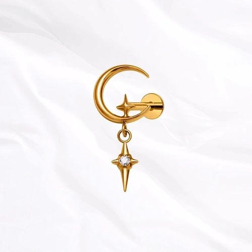 piercing labret en titane doré, croissant de lune et étoile pendante sertie d'un zircon