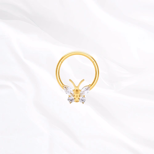 Anneau segment clipsable en titane doré Anneau Brillant Face Papillon, papillon dont les quatre ailes sont des zircons marquise