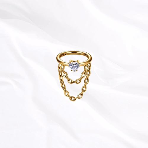 Anneau segment clipsable en titane doré Anneau Pendentif Cœur, zircon rond serti à griffes au milieu de la tige et deux chaînettes en double arc