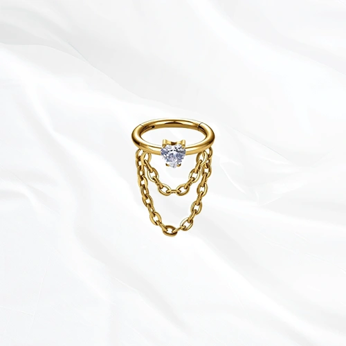 Anneau segment clipsable en titane doré Anneau Pendentif Cœur, zircon rond serti à griffes au milieu de la tige et deux chaînettes en double arc