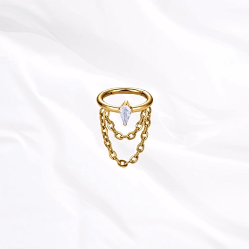 Anneau segment clipsable en titane doré Anneau Pendentif Losange, zircon marquise serti dans le sens de la longueur, ses pointes alignées sur la courbe
