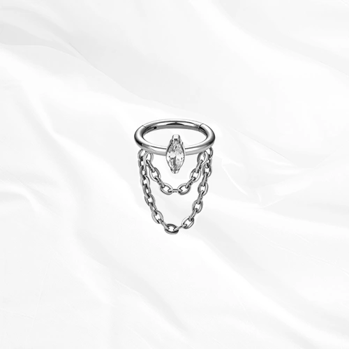 Anneau segment clipsable en titane argenté Anneau Pendentif Ovale, zircon marquise effilé serti à plat et deux chaînettes en double drapé