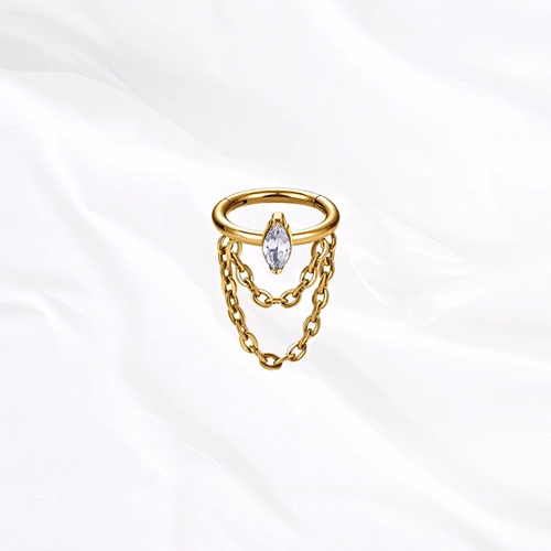Anneau segment clipsable en titane doré Anneau Pendentif Ovale, zircon marquise effilé serti à plat et deux chaînettes en double drapé