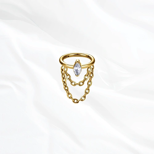 Anneau segment clipsable en titane doré Anneau Pendentif Ovale, zircon marquise effilé serti à plat et deux chaînettes en double drapé
