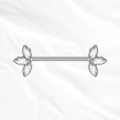 Barre droite en titane argenté Le Double Trident, quatre zircons marquise ouverts en corolle à chaque extrémité