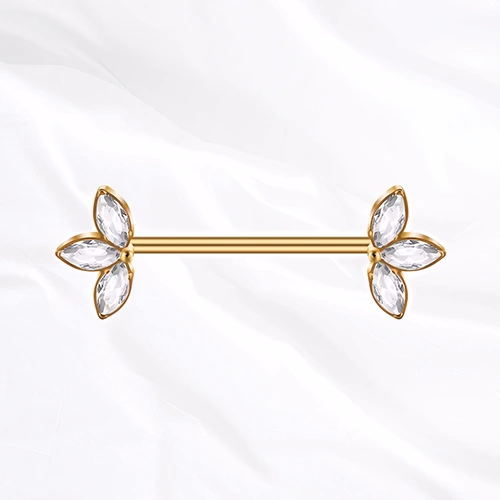 Barre droite en titane doré Le Double Trident, quatre zircons marquise ouverts en corolle à chaque extrémité