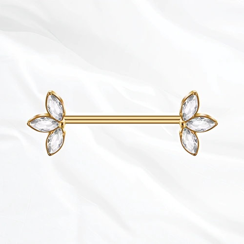 Barre droite en titane doré Le Double Trident, quatre zircons marquise ouverts en corolle à chaque extrémité