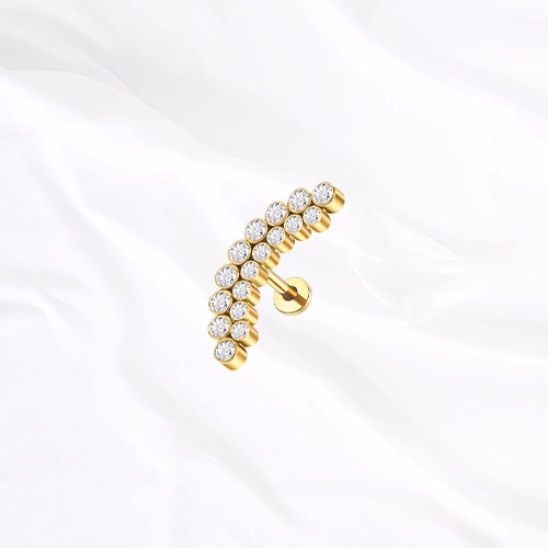 Labret en titane doré La Grande Grappe, arc pavé sur deux rangs de zircons décalés comme les grains d’une grappe