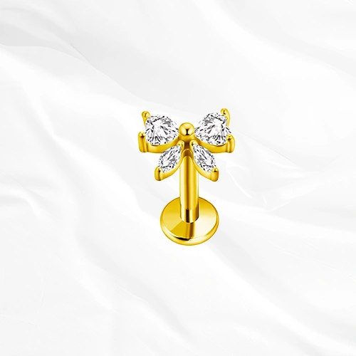 Labret push-in en titane doré Le Petit Nœud Brillant, nœud papillon formé de quatre zircons sans métal apparent