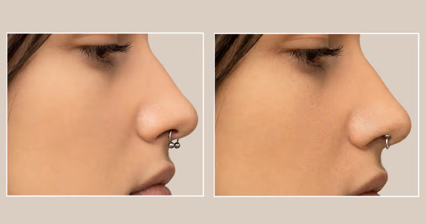 Schéma d'un piercing septum visible puis retourné à l'intérieur du nez