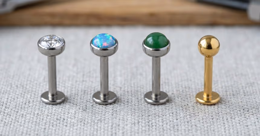 Schéma des pierres de piercing : zircon, opale, jade et titane doré
