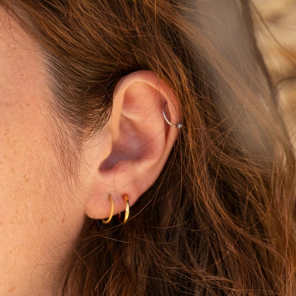 Piercing Anneau Boule Simple en titane argenté porté à l'oreille