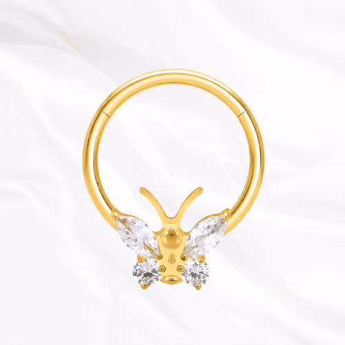 Anneau segment clipsable en titane doré Anneau Brillant Face Papillon, papillon dont les quatre ailes sont des zircons marquise