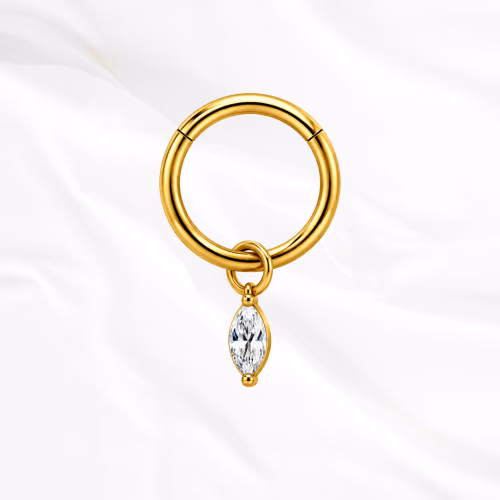 Anneau segment clipsable en titane doré L’Anneau Pendentif Brillant, zircon marquise suspendu sous l’anneau et pivotant librement