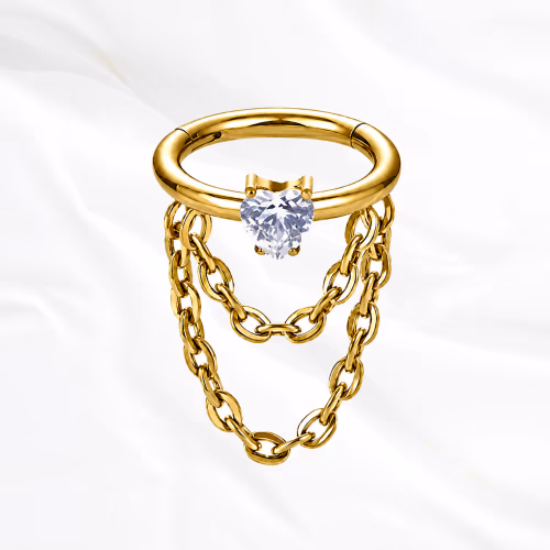 Anneau segment clipsable en titane doré Anneau Pendentif Cœur, zircon rond serti à griffes au milieu de la tige et deux chaînettes en double arc
