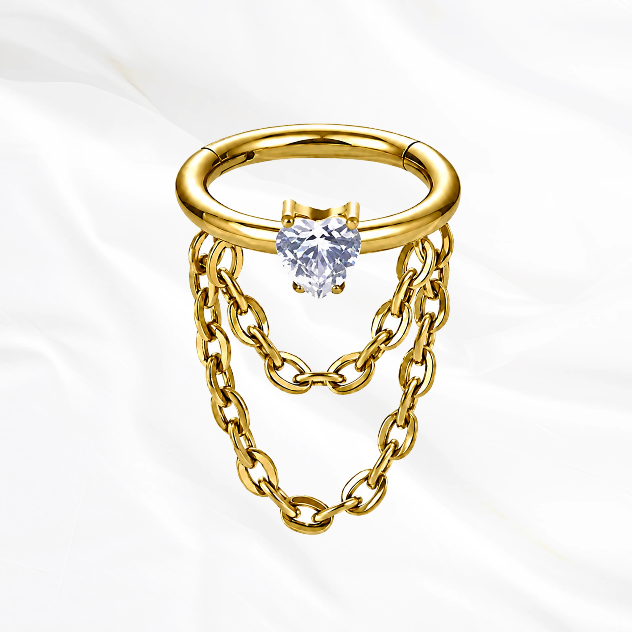 Anneau segment clipsable en titane doré Anneau Pendentif Cœur, zircon rond serti à griffes au milieu de la tige et deux chaînettes en double arc