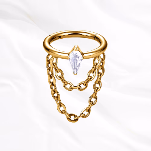 Anneau segment clipsable en titane doré Anneau Pendentif Losange, zircon marquise serti dans le sens de la longueur, ses pointes alignées sur la courbe