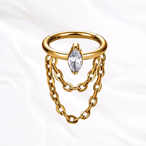 Anneau segment clipsable en titane doré Anneau Pendentif Ovale, zircon marquise effilé serti à plat et deux chaînettes en double drapé