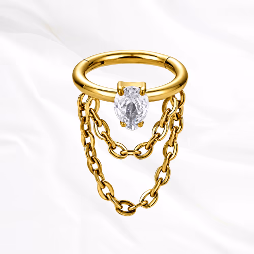 Anneau segment clipsable en titane doré Anneau Pendentif Serti, zircon ovale tenu par quatre griffes fines au centre de l’anneau