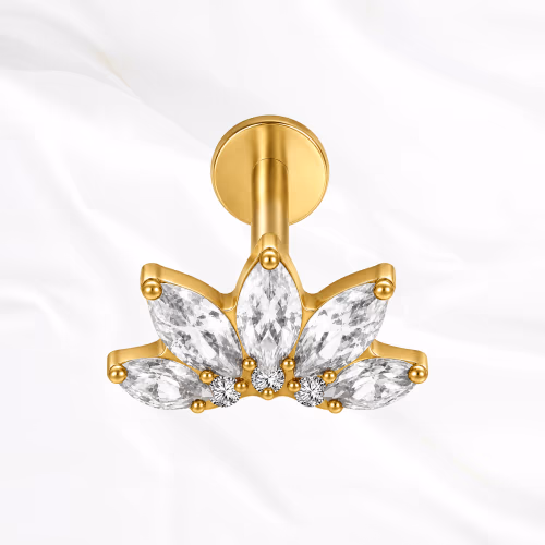 Piercing labret titane doré "l'aurore" motif lotus éventail 5 cristaux zirconium marquise