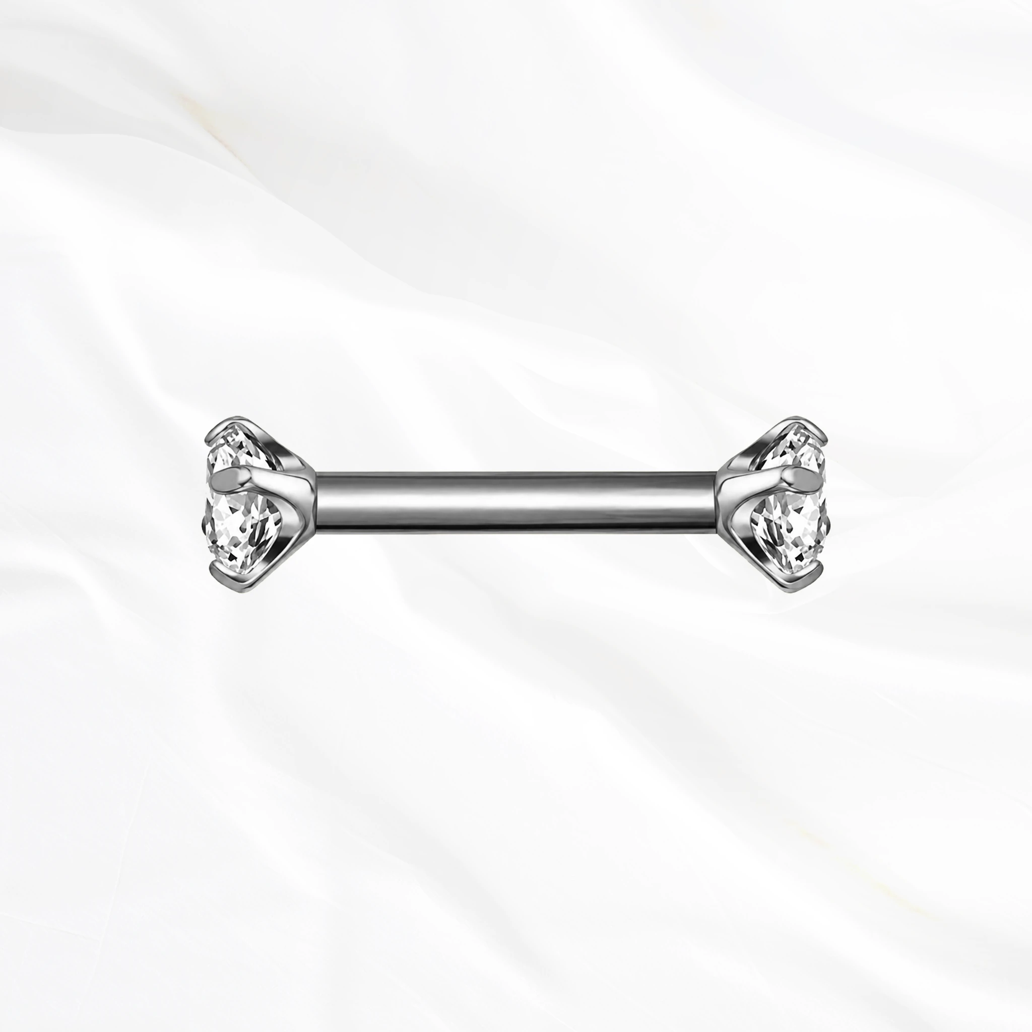 Barre droite en titane argenté La Barre Sertie, un zircon rond à griffes à chaque extrémité, surélevé pour laisser passer la lumière