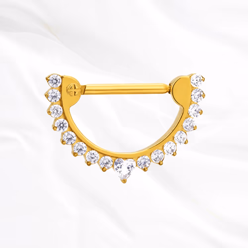 Piercing de téton en titane doré Le Demi-Cercle Brillant, demi-cercle au bord serti de zircons traversé par une barre droite