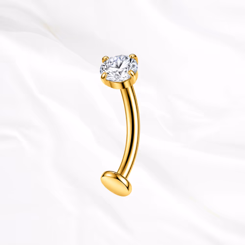 piercing nombril en titane doré, barre courbée sertie d'un zircon à griffes
