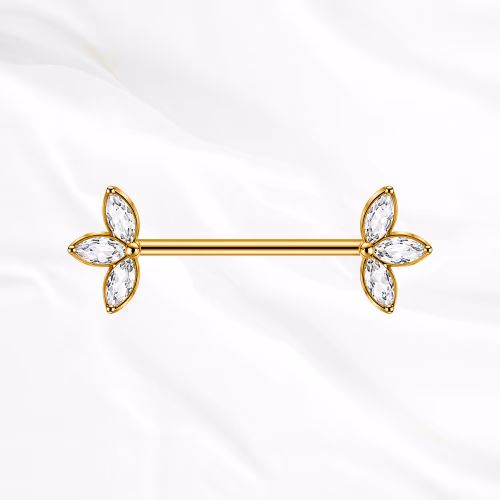 Barre droite en titane doré Le Double Trident, quatre zircons marquise ouverts en corolle à chaque extrémité