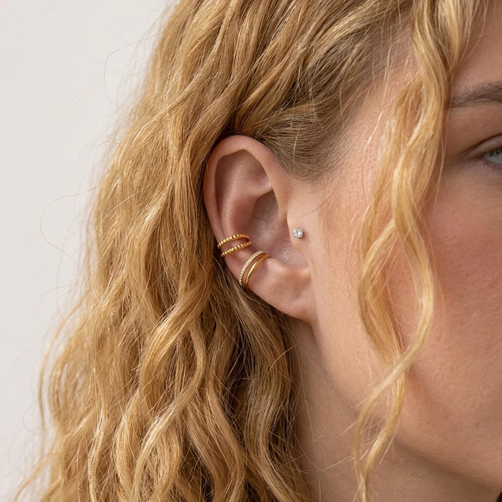 Piercing L'Enlacement en titane doré porté à l'oreille