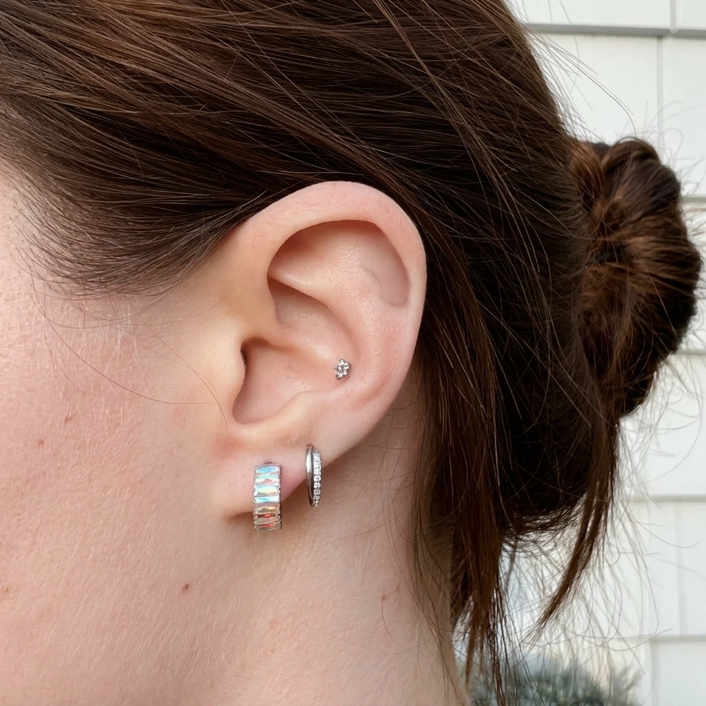 Piercing L'Entrelacé Brillant en titane argenté porté à l'oreille
