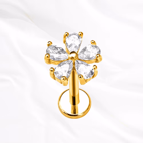 Anneau segment clipsable en titane doré La Fleur, cinq zircons taille poire formant les pétales, pointes vers l’intérieur