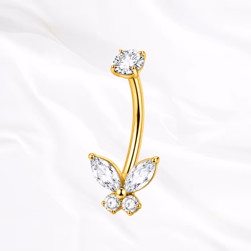 Piercing de nombril banane en titane doré Le Grand Monarque, papillon aux ailes supérieures allongées serti de zircons